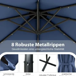 300 cm Sonnenschirm mit 32 Solar-LED-Leuchten & Kurbel Gartenschirm Marktschirm