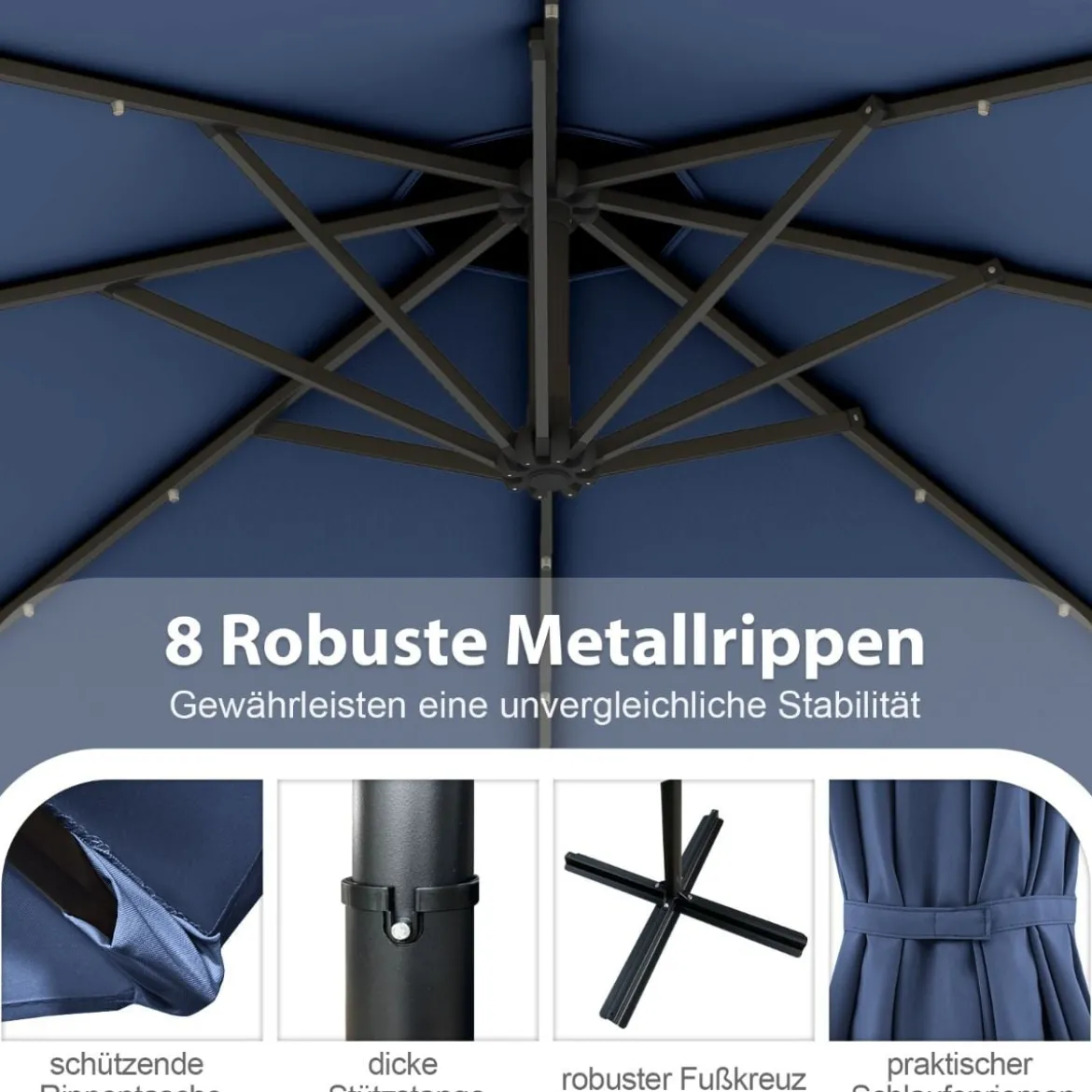 300 cm Sonnenschirm mit 32 Solar-LED-Leuchten & Kurbel Gartenschirm Marktschirm