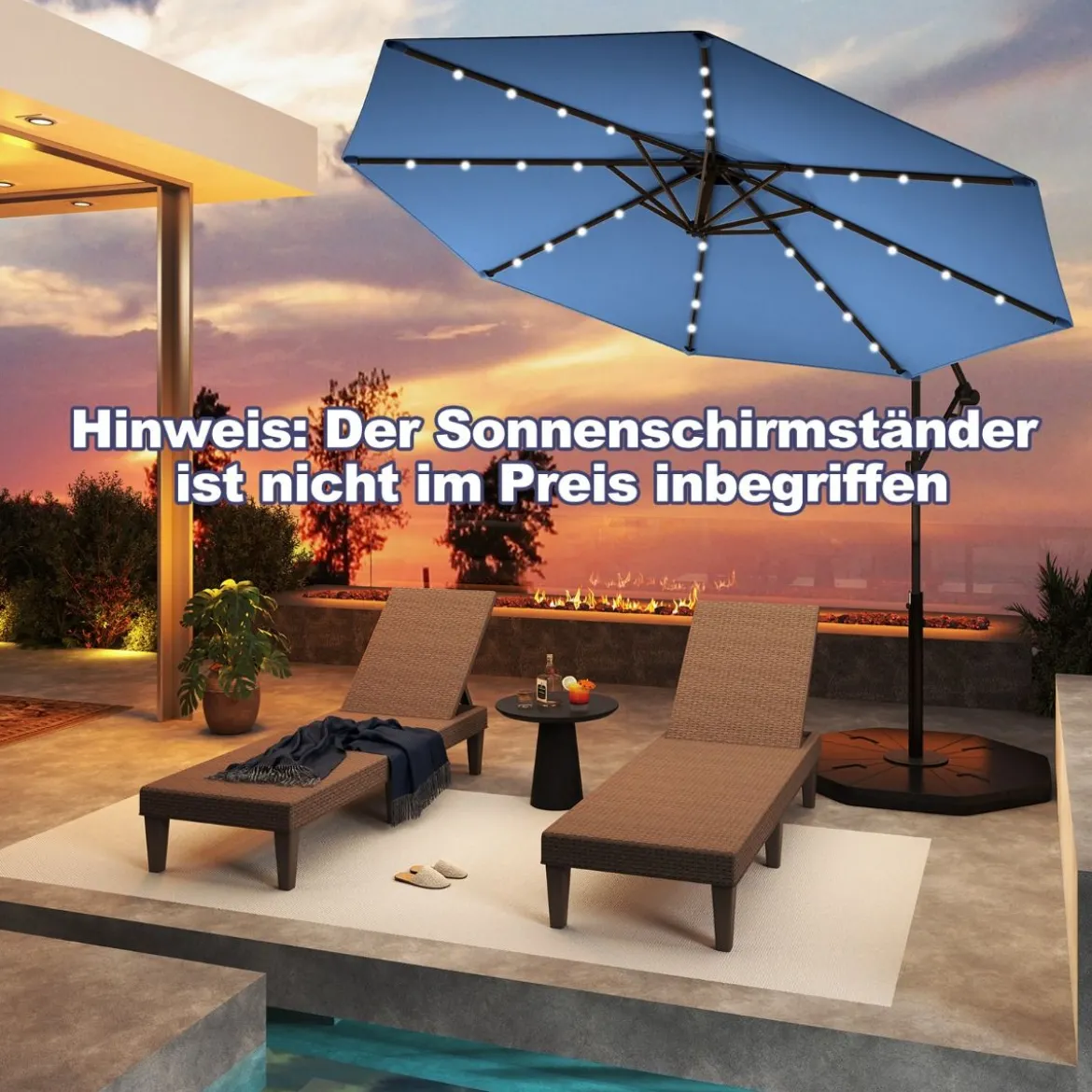 300 cm Sonnenschirm mit 32 Solar-LED-Leuchten & Kurbel Gartenschirm Marktschirm