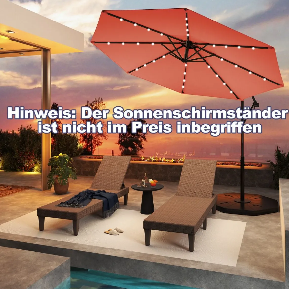 300 cm Sonnenschirm mit 32 Solar-LED-Leuchten & Kurbel Gartenschirm Marktschirm