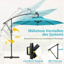300 cm Sonnenschirm mit 32 Solar-LED-Leuchten & Kurbel Gartenschirm Marktschirm