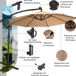 300 cm Sonnenschirm mit 32 Solar-LED-Leuchten & Kurbel Gartenschirm Marktschirm