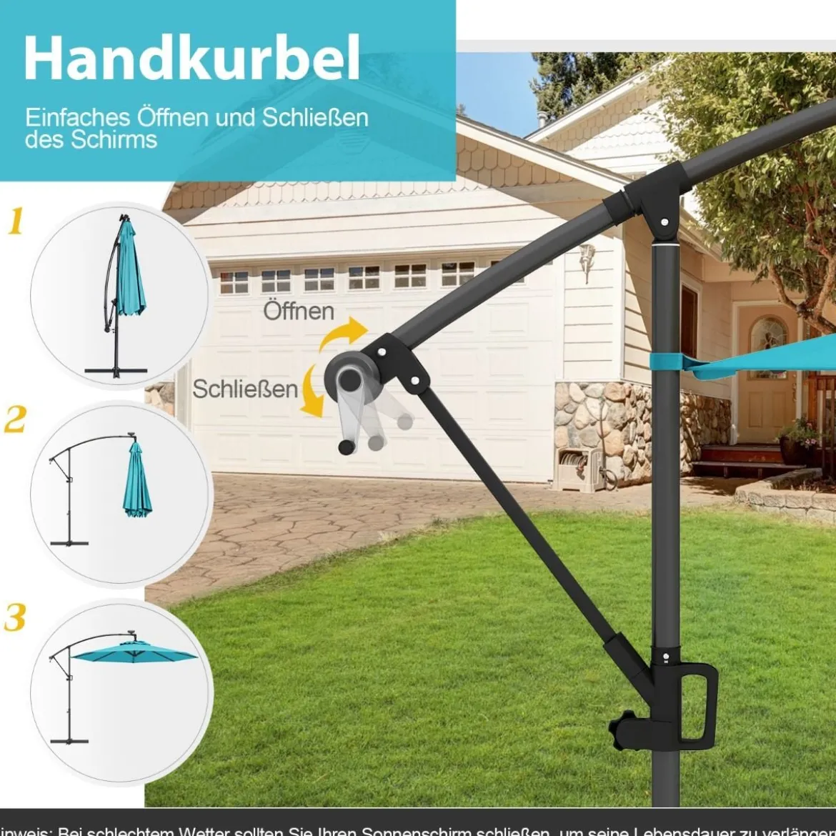 300 cm Sonnenschirm mit 32 Solar-LED-Leuchten & Kurbel Gartenschirm Marktschirm