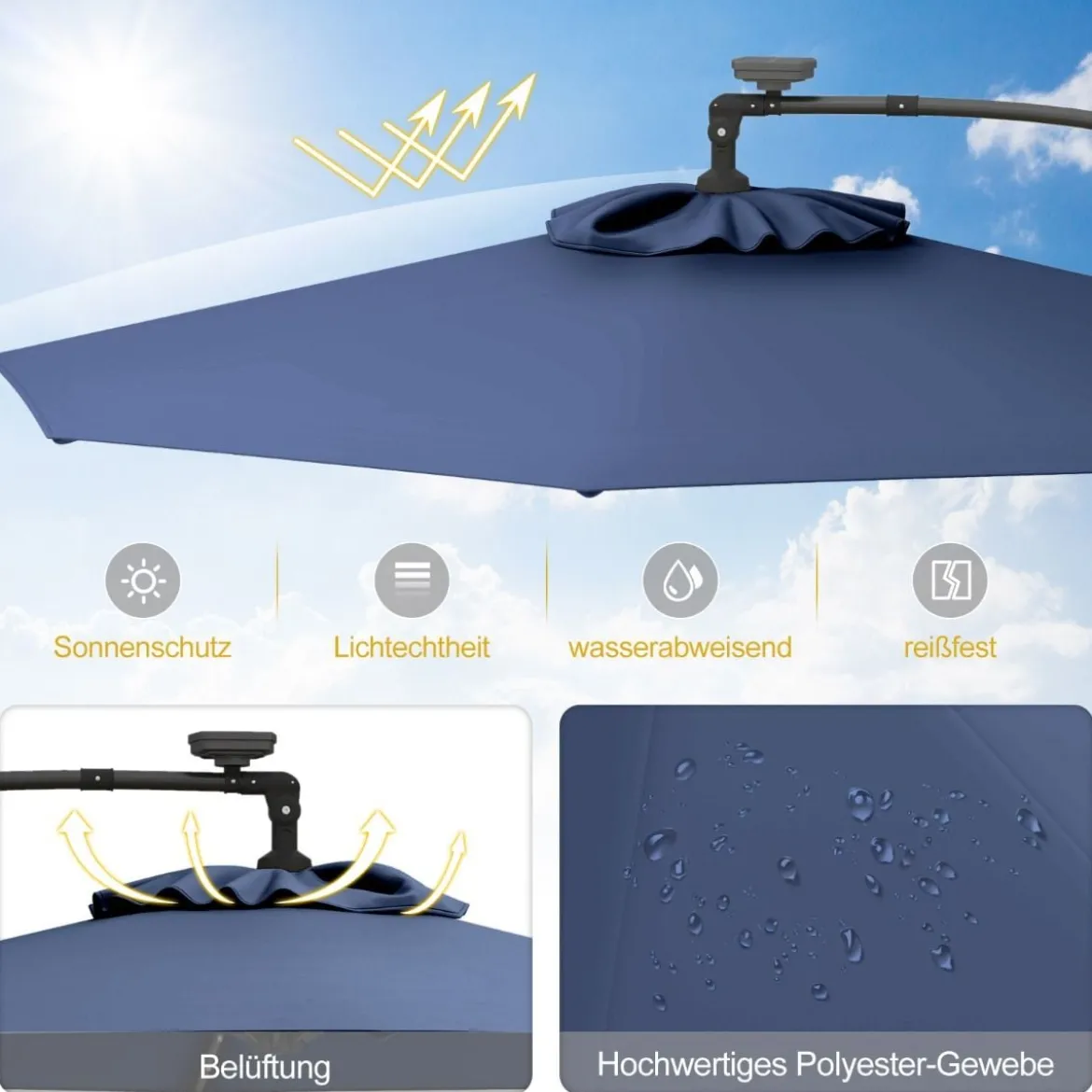 300 cm Sonnenschirm mit 32 Solar-LED-Leuchten & Kurbel Gartenschirm Marktschirm