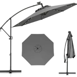 300 cm Sonnenschirm mit 32 Solar-LED-Leuchten & Kurbel Gartenschirm Marktschirm