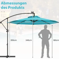 300 cm Sonnenschirm mit 32 Solar-LED-Leuchten & Kurbel Gartenschirm Marktschirm