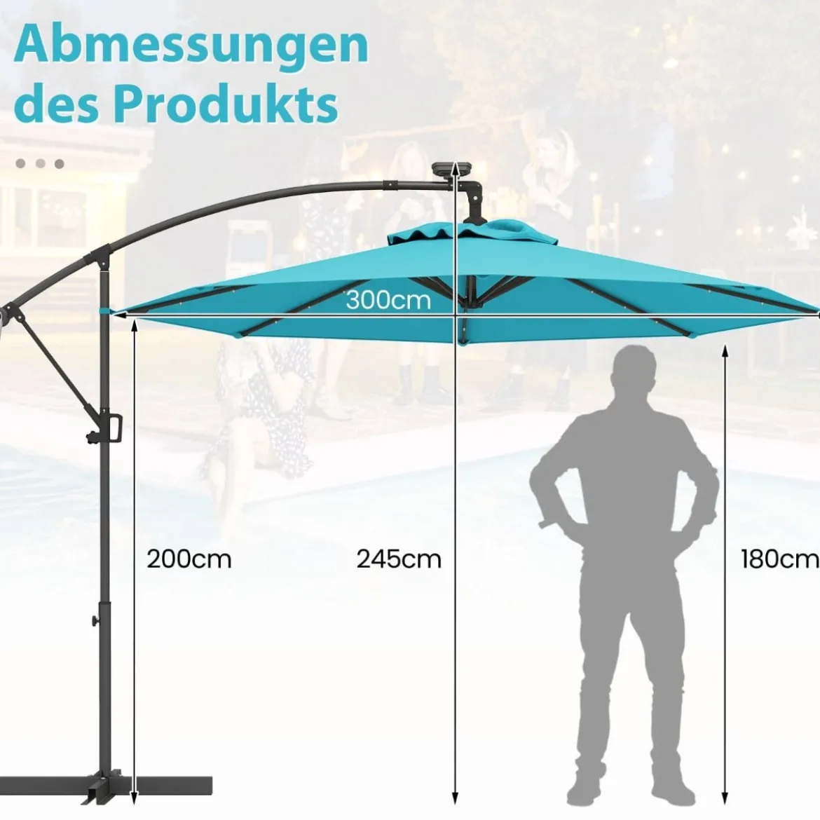 300 cm Sonnenschirm mit 32 Solar-LED-Leuchten & Kurbel Gartenschirm Marktschirm