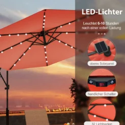 300 cm Sonnenschirm mit 32 Solar-LED-Leuchten & Kurbel Gartenschirm Marktschirm