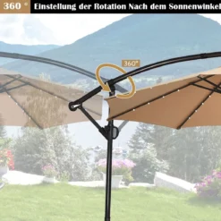 300 cm Sonnenschirm mit 32 Solar-LED-Leuchten & Kurbel Gartenschirm Marktschirm