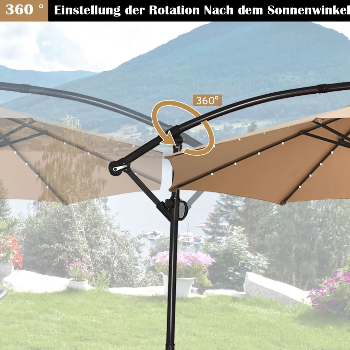 300 cm Sonnenschirm mit 32 Solar-LED-Leuchten & Kurbel Gartenschirm Marktschirm