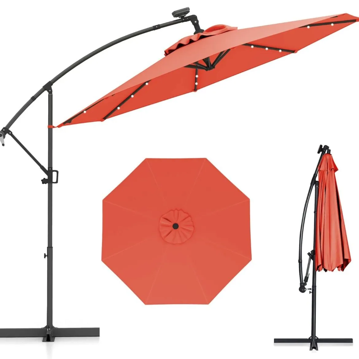 300 cm Sonnenschirm mit 32 Solar-LED-Leuchten & Kurbel Gartenschirm Marktschirm