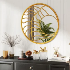 φ80cm Spiegel dekorativ Wandspiegel mit goldenem Rahmmen asymmetrischer Spiegel groß Wanddeko rund für Wohnzimmer