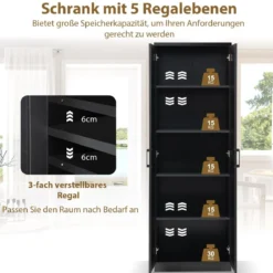 178 cm 5 Stöckiger Hochschrank mit 2 Türen & Verstellbaren Regalen & Kippsicherung Schwarz