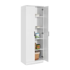 178 cm 5 Stöckiger Hochschrank mit 2 Türen & Verstellbaren Regalen & Kippsicherung Weiß