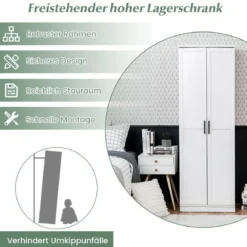 178 cm 5 Stöckiger Hochschrank mit 2 Türen & Verstellbaren Regalen & Kippsicherung Weiß