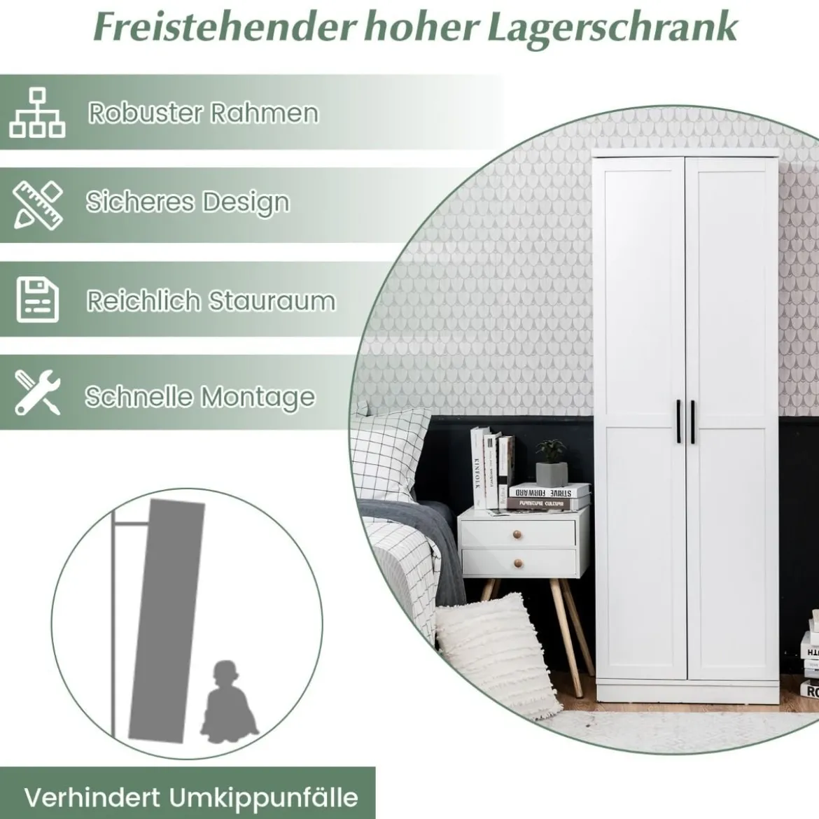 178 cm 5 Stöckiger Hochschrank mit 2 Türen & Verstellbaren Regalen & Kippsicherung Weiß