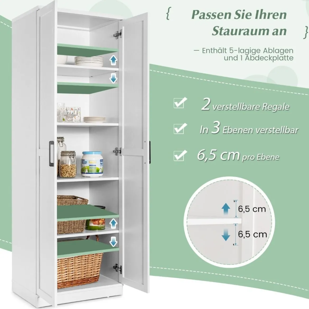 178 cm 5 Stöckiger Hochschrank mit 2 Türen & Verstellbaren Regalen & Kippsicherung Weiß
