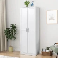178 cm 5 Stöckiger Hochschrank mit 2 Türen & Verstellbaren Regalen & Kippsicherung Weiß