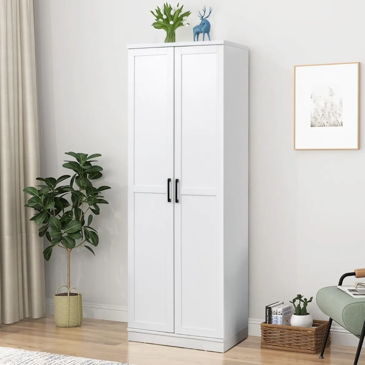 178 cm 5 Stöckiger Hochschrank mit 2 Türen & Verstellbaren Regalen & Kippsicherung Weiß