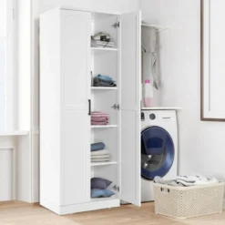 178 cm 5 Stöckiger Hochschrank mit 2 Türen & Verstellbaren Regalen & Kippsicherung Weiß