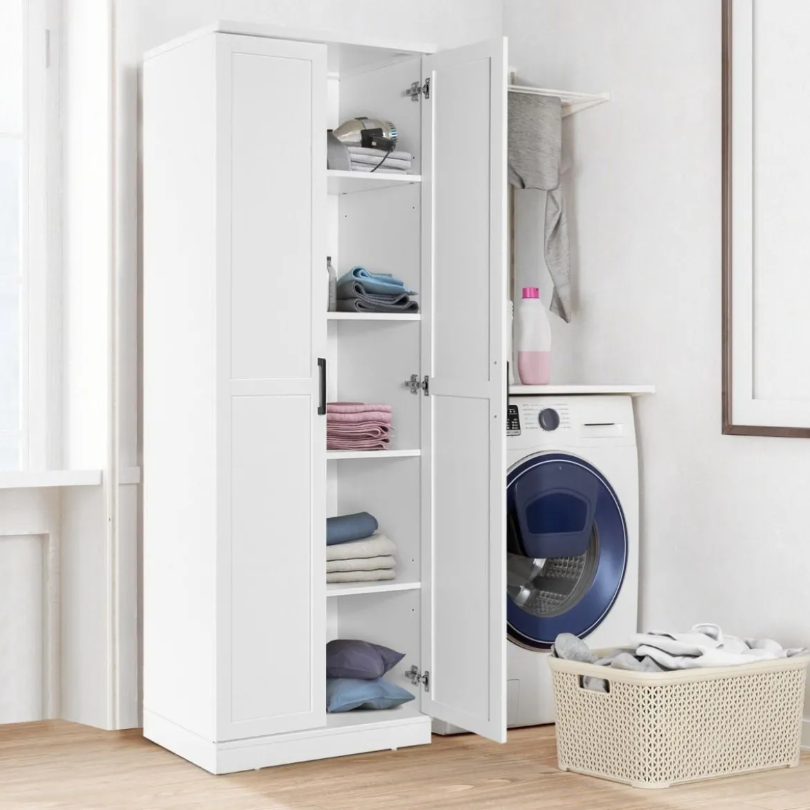 178 cm 5 Stöckiger Hochschrank mit 2 Türen & Verstellbaren Regalen & Kippsicherung Weiß
