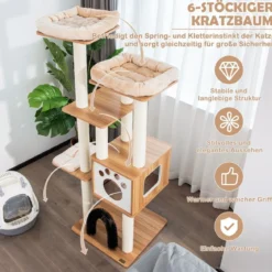 176 cm 6-stöckiger Kratzbaum mit Gemütlicher Matten & Höhle & Katzenbogen Beige/Grau
