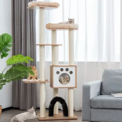 176 cm 6-stöckiger Kratzbaum mit Gemütlicher Matten & Höhle & Katzenbogen Beige/Grau