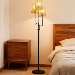 175cm Stehlampe 3 Flammige Stehleuchte mit Metallsockel & Papiergeflecht Lampenschirm Leselampe