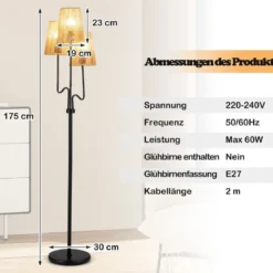 175cm Stehlampe 3 Flammige Stehleuchte mit Metallsockel & Papiergeflecht Lampenschirm Leselampe