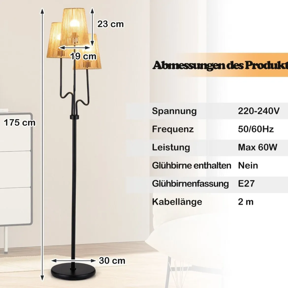 175cm Stehlampe 3 Flammige Stehleuchte mit Metallsockel & Papiergeflecht Lampenschirm Leselampe