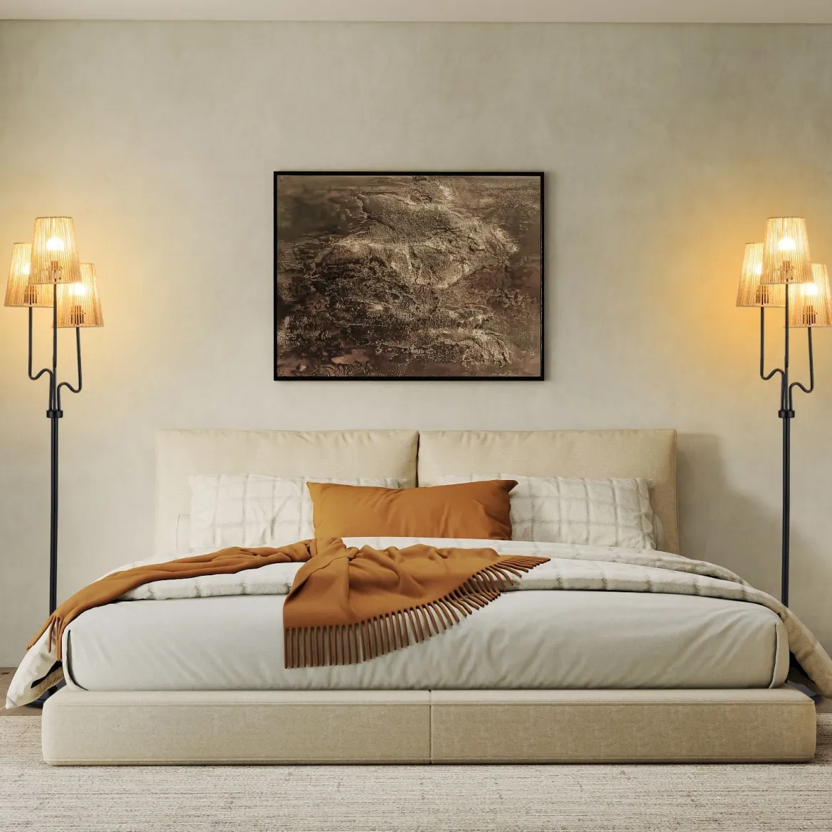 175cm Stehlampe 3 Flammige Stehleuchte mit Metallsockel & Papiergeflecht Lampenschirm Leselampe