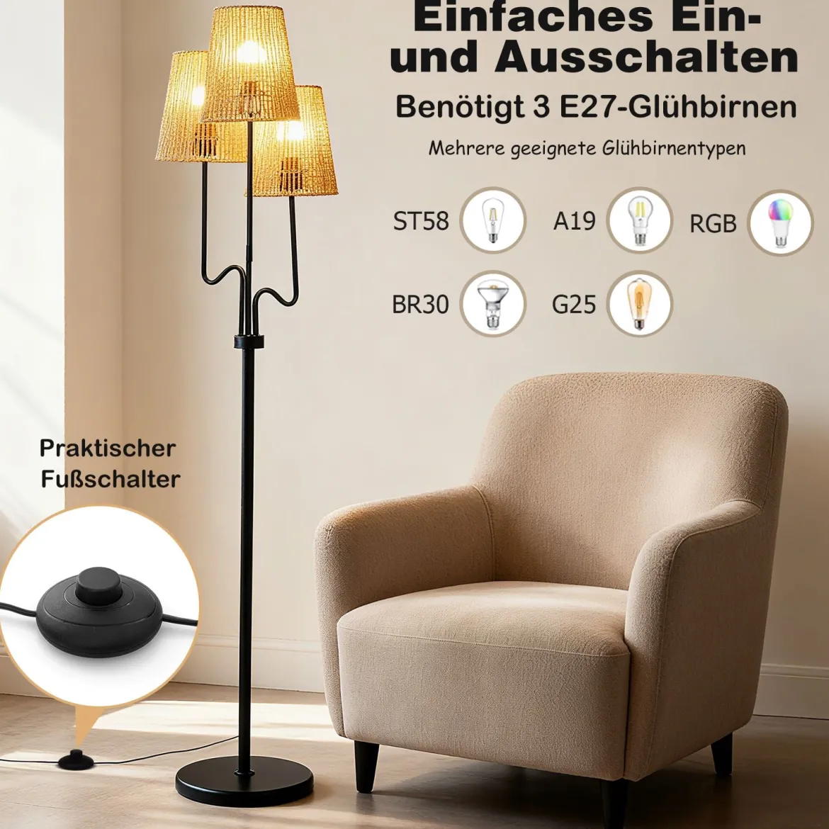 175cm Stehlampe 3 Flammige Stehleuchte mit Metallsockel & Papiergeflecht Lampenschirm Leselampe