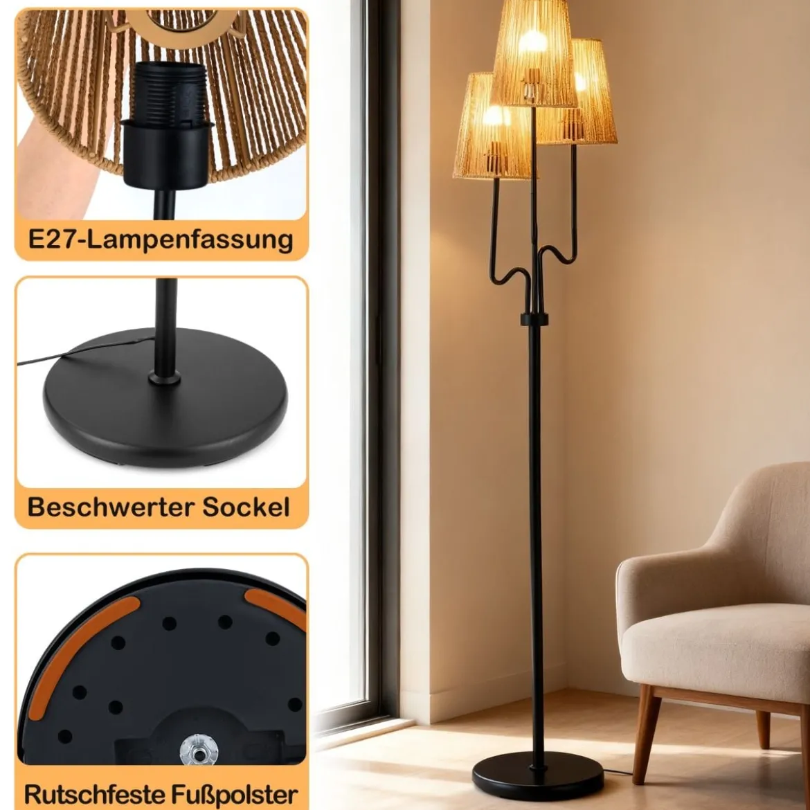 175cm Stehlampe 3 Flammige Stehleuchte mit Metallsockel & Papiergeflecht Lampenschirm Leselampe
