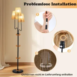 175cm Stehlampe 3 Flammige Stehleuchte mit Metallsockel & Papiergeflecht Lampenschirm Leselampe