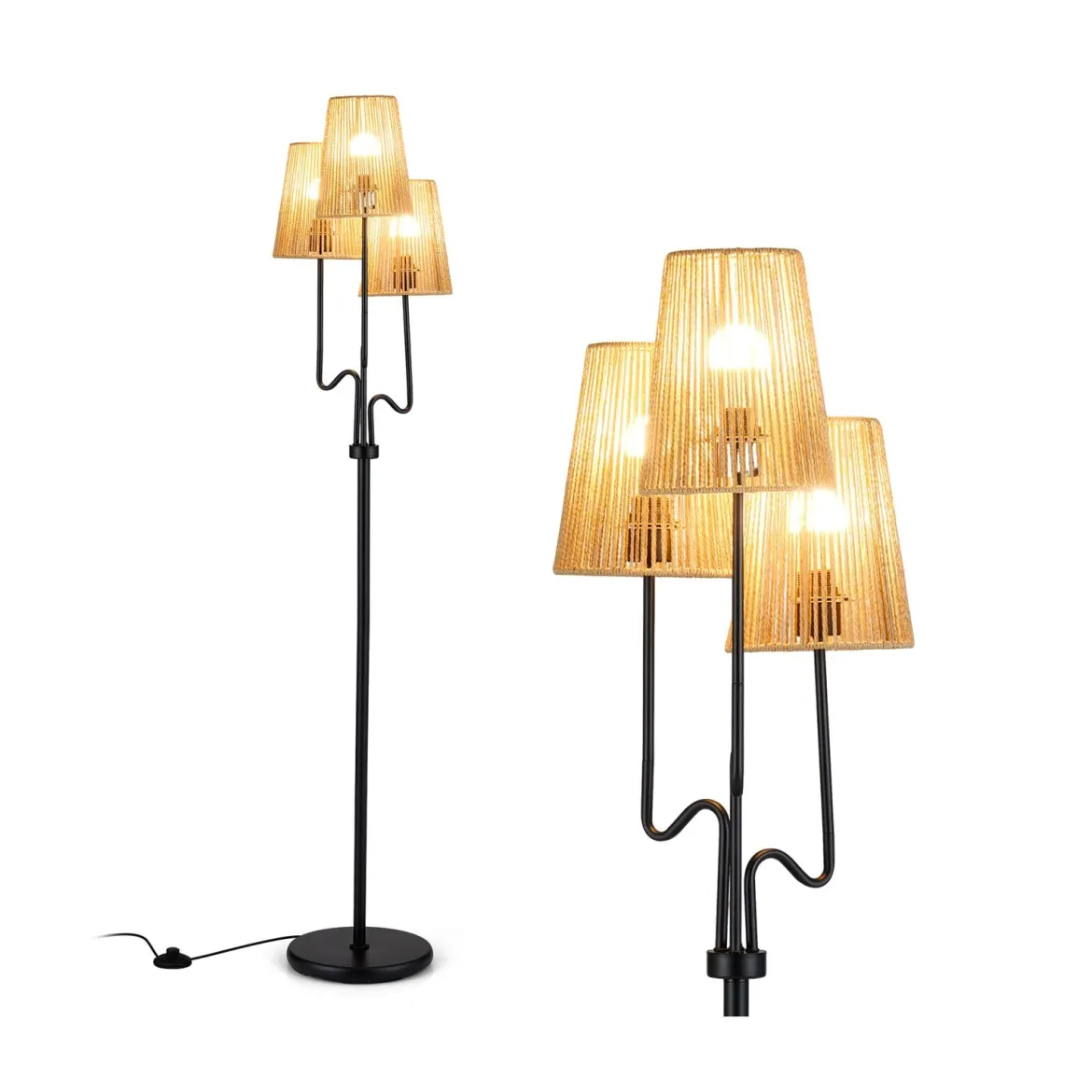 175cm Stehlampe 3 Flammige Stehleuchte mit Metallsockel & Papiergeflecht Lampenschirm Leselampe