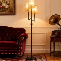 175cm Stehlampe 3 Flammige Stehleuchte mit Metallsockel & Papiergeflecht Lampenschirm Leselampe