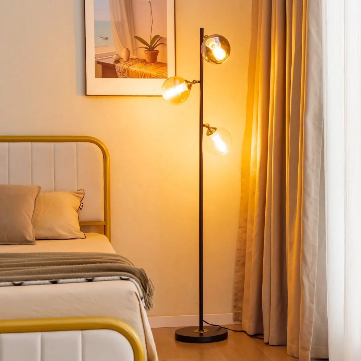 162cm Stehlampe 3 flammig freistehende Stehleuchte mit Fußschalter Metallmast Leselampe für Wohnzimmer Schlafzimmer