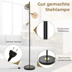 162cm Stehlampe 3 flammig freistehende Stehleuchte mit Fußschalter Metallmast Leselampe für Wohnzimmer Schlafzimmer