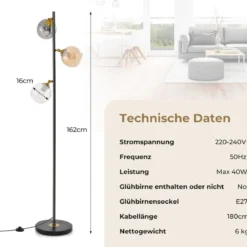 162cm Stehlampe 3 flammig freistehende Stehleuchte mit Fußschalter Metallmast Leselampe für Wohnzimmer Schlafzimmer