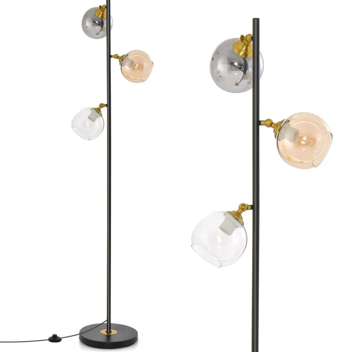 162cm Stehlampe 3 flammig freistehende Stehleuchte mit Fußschalter Metallmast Leselampe für Wohnzimmer Schlafzimmer