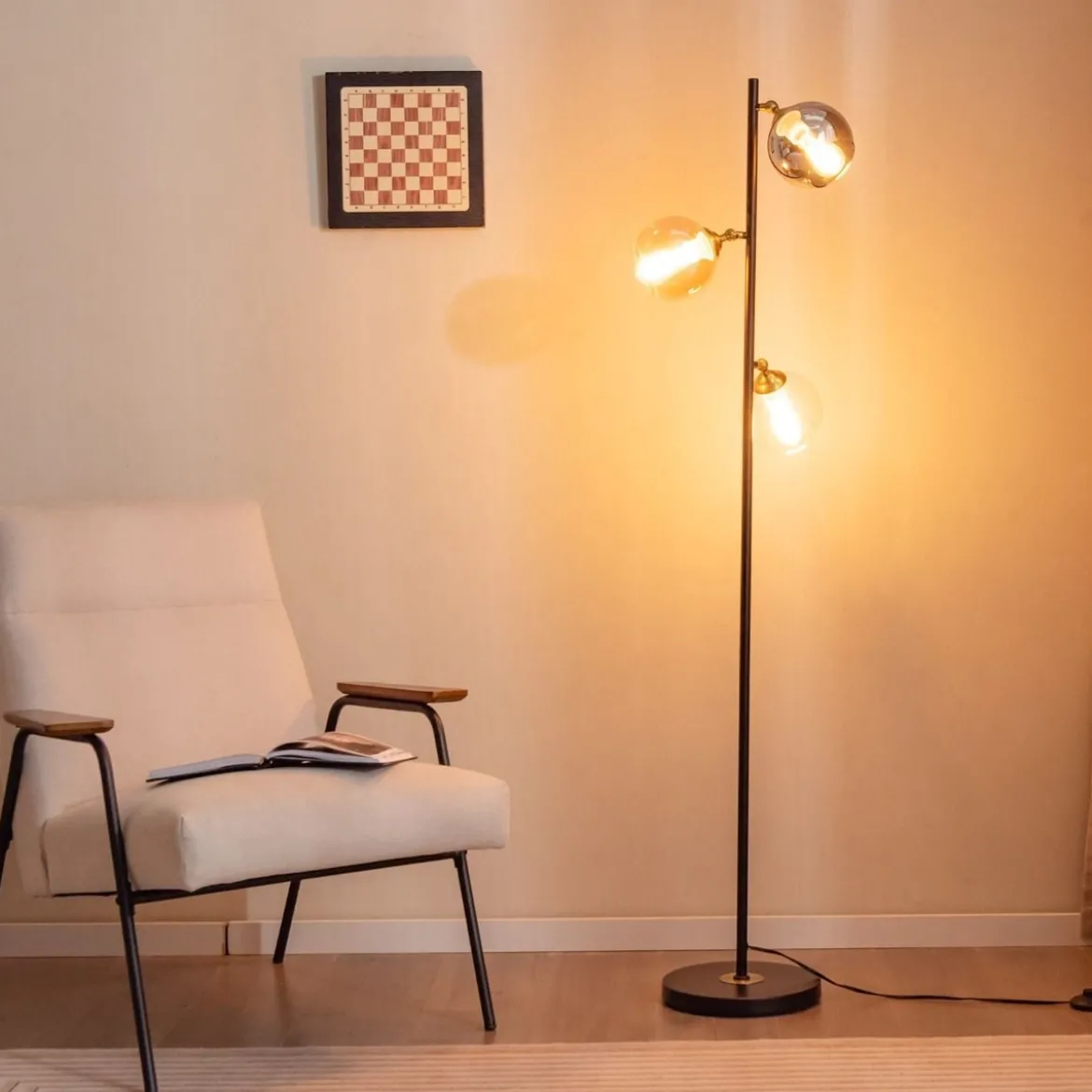 162cm Stehlampe 3 flammig freistehende Stehleuchte mit Fußschalter Metallmast Leselampe für Wohnzimmer Schlafzimmer