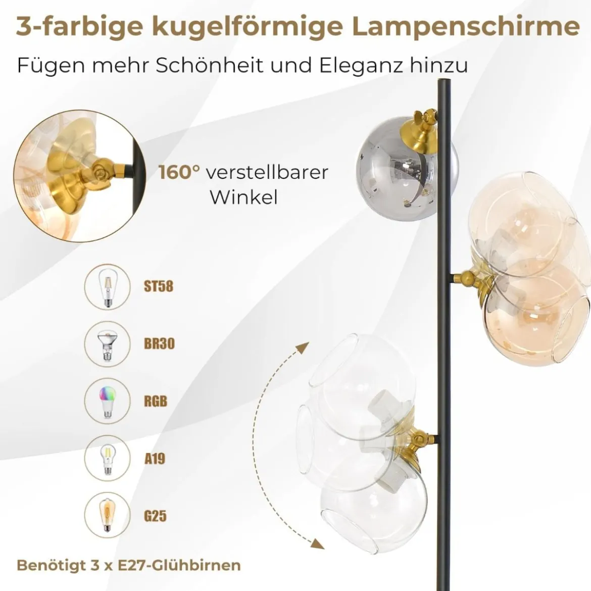 162cm Stehlampe 3 flammig freistehende Stehleuchte mit Fußschalter Metallmast Leselampe für Wohnzimmer Schlafzimmer