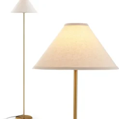 162 cm Stehlampe gold Stehleuchte mit Fußschalter Leinenschirm und Metallmast