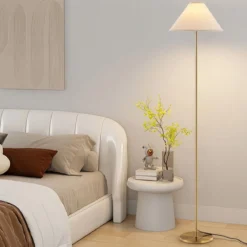 162 cm Stehlampe gold Stehleuchte mit Fußschalter Leinenschirm und Metallmast