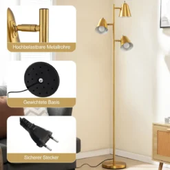 163cm Stehlampe mit 3 E27 Glühbirnen & 360° Verstellbaren Lampenschirmen Stehleuchte Gold