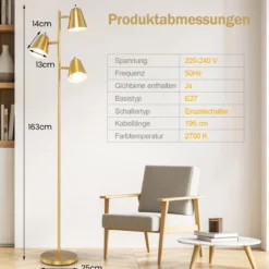 163cm Stehlampe mit 3 E27 Glühbirnen & 360° Verstellbaren Lampenschirmen Stehleuchte Gold