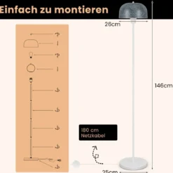 146 cm Stehlampe mit Fußschalter & E27-Glühlampensockel & Lampenschirm Stehleuchte