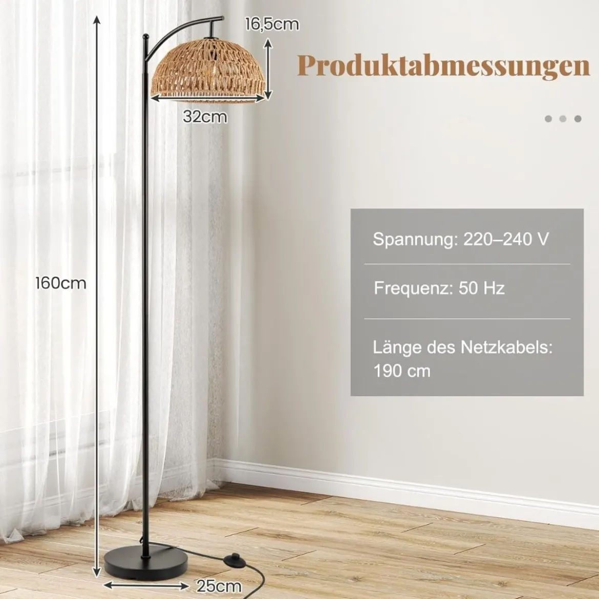 160 cm Stehlampe mit Hängendem Lampenschirm & Fußschalter E27 Fassung Stehleuchte