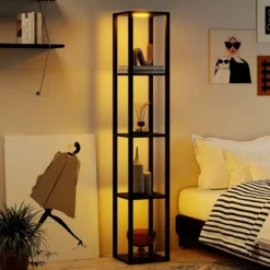162cm Stehlampe mit Regalen & Dimmbaren LED-Lichtern & Fußschalter Standlampe Eckregal