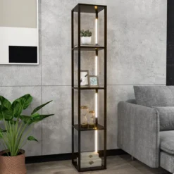 163 cm Stehlampe Regal Modern Standleuchte Ablageregal mit 3-stufig dimmbaren LED-Leuchten Braun